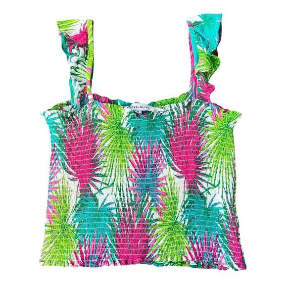 Rose + Olive Smocked Palm Leaf Print Ruffle Strap Tank Top - Size Medium - Picture 2 of 9
